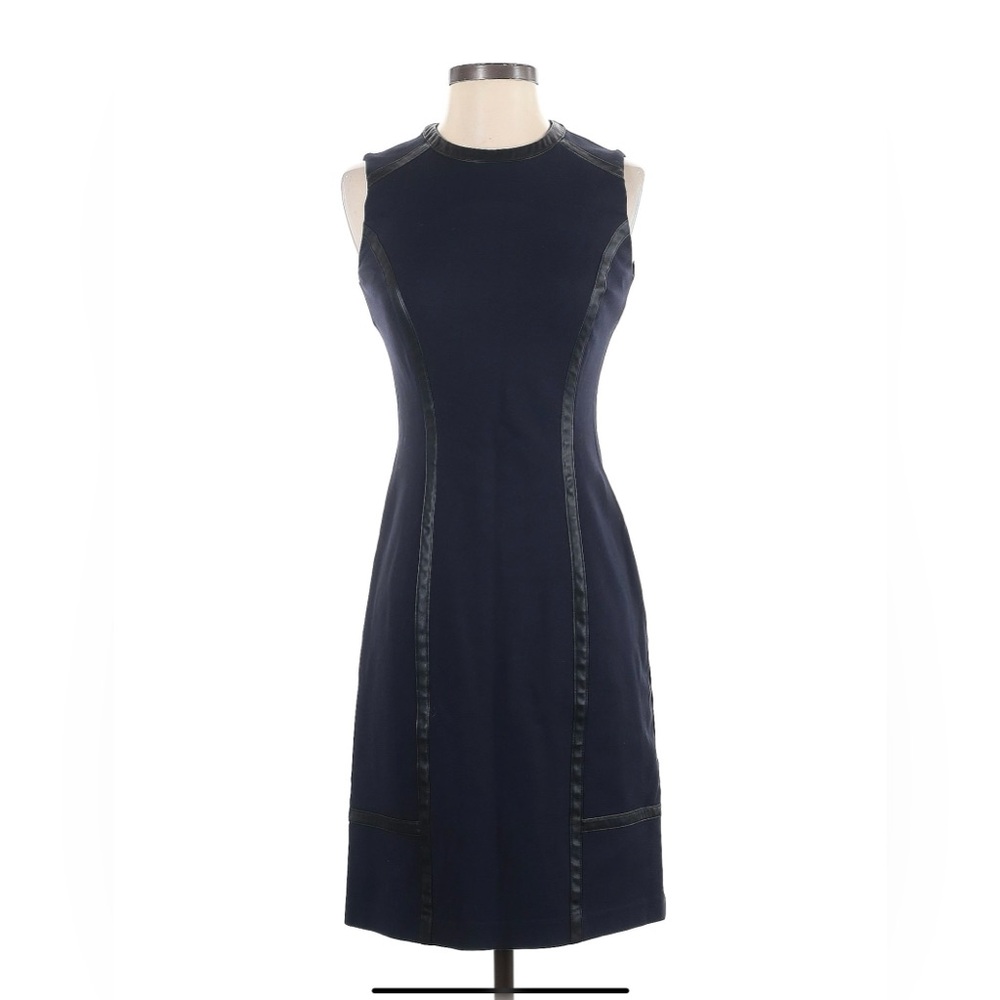 Of Mercer navy blue dress with black leather trim